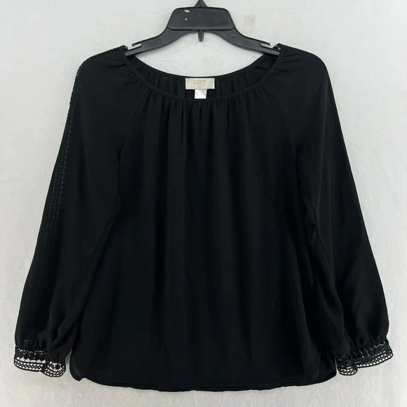 Loft Blouse Women's Sz PXS Black Round Neck Crochet Trim Sleeves Relaxed Fit - Picture 1 of 12